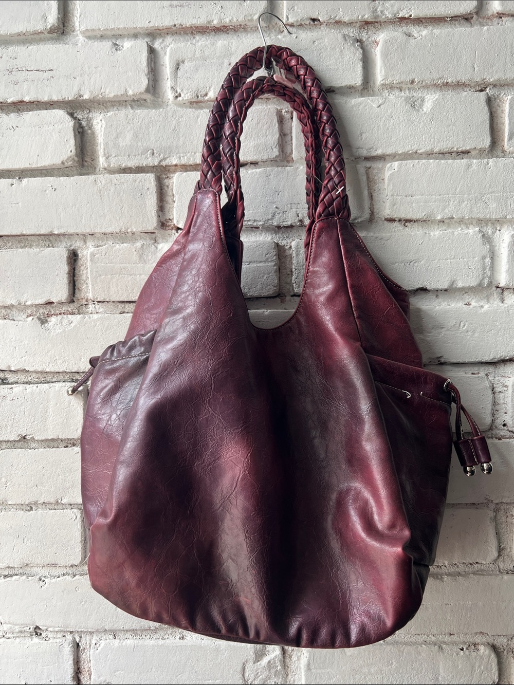 Women’s Burgundy Leather Hobo Tote Bag braided handle shoulder bag